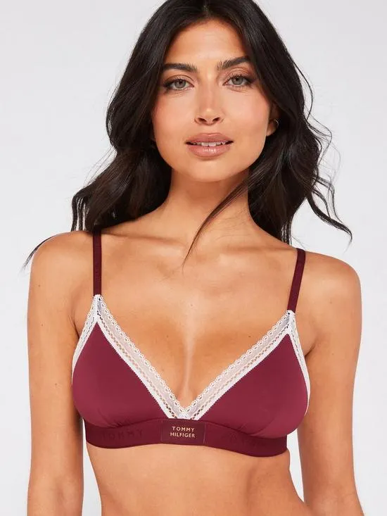 Velvet Lace Trim Triangle Bra - Red