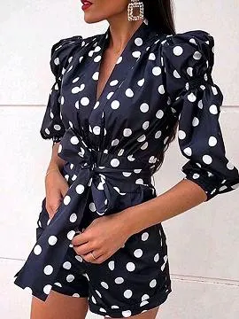 Black V-neck Polka Dot Print Tie Waist Puff Sleeve Playsuit