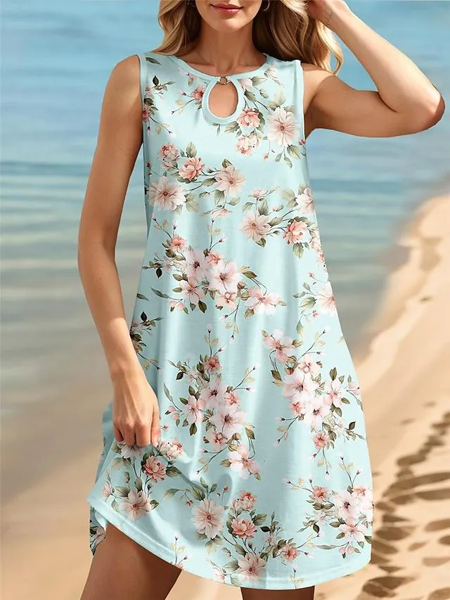 Women's Casual Dress Tank Dress Floral Hollow Out Print Crew Neck Mini Dress Streetwear Holiday Date Sleeveless Regular Fit Pink Blue Green Summer S M L XL XXL
