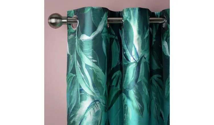 Habitat Japonica Crane Faux Silk Eyelet Lined Curtain -Green