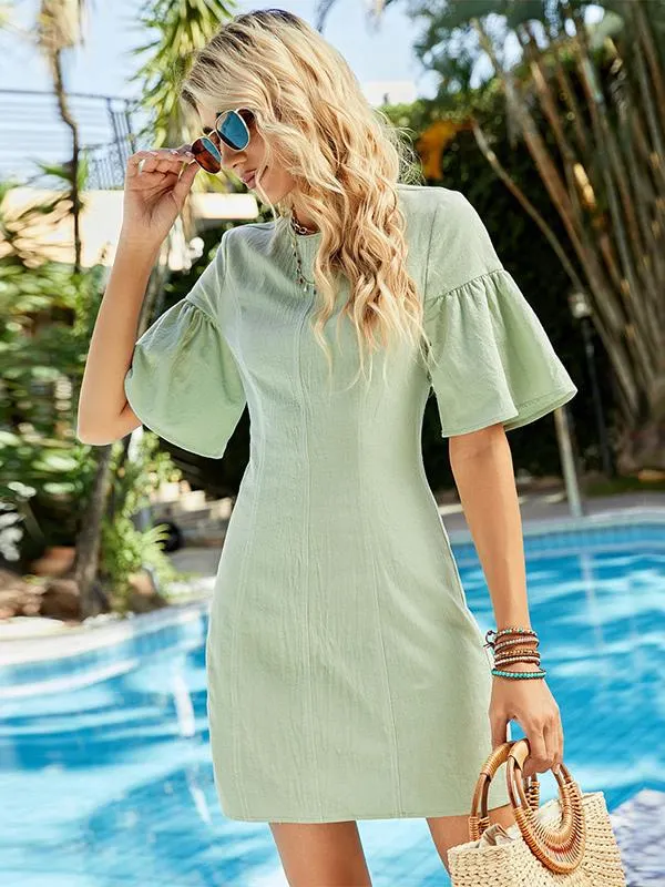 Summer Dress Mini Dresses Sage Jewel Neck Ruffles Polyester Beach Dress