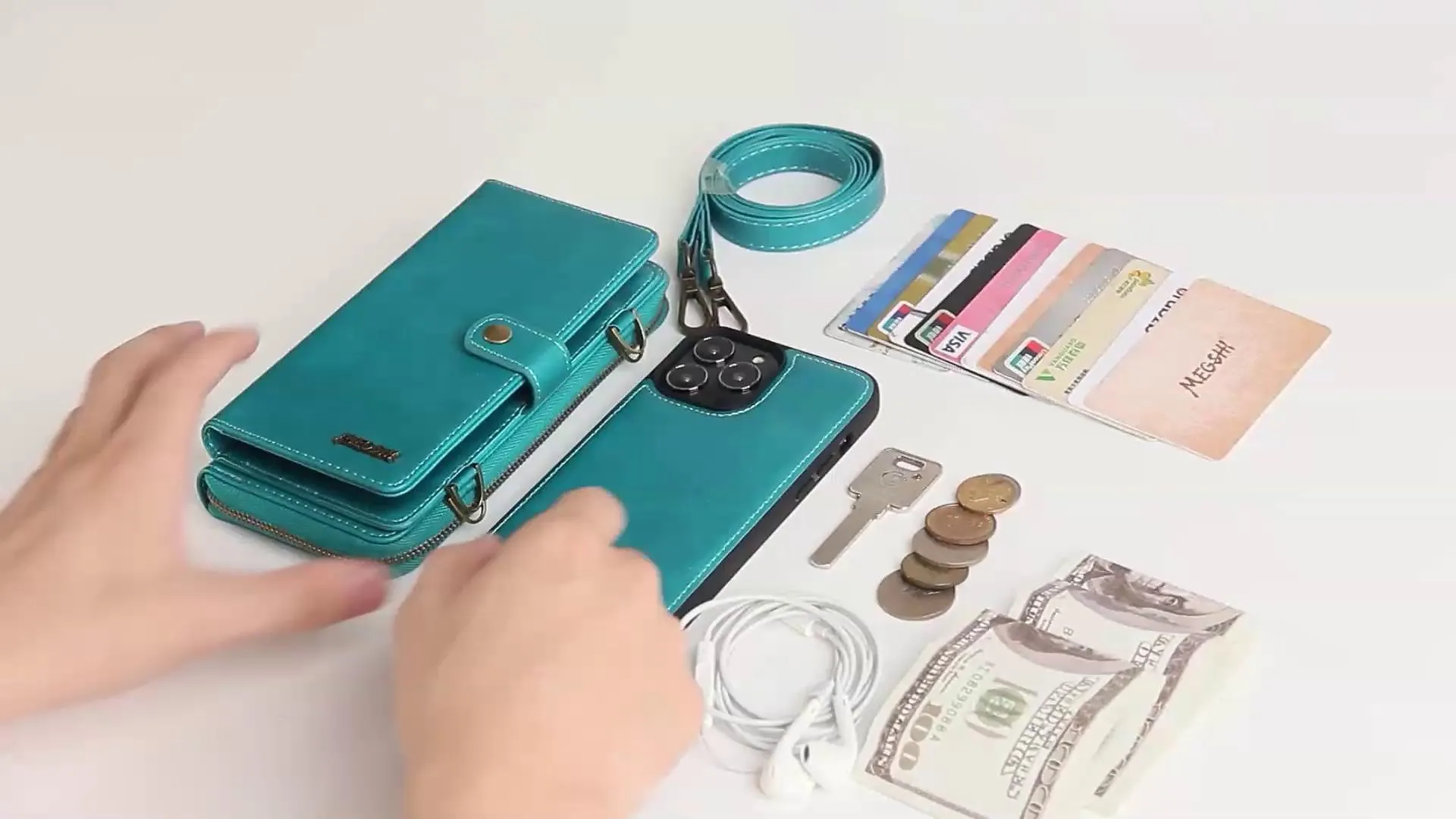 Phone Case For Samsung Galaxy Wallet Card S22 Ultra Plus S21 FE S20 A72 A52 A42 Zipper with Removable Cross Body Strap Magnetic Flip Solid Colored PU Leather