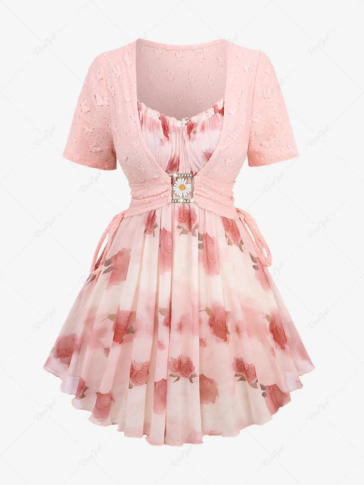 Plus Size Flocking Rose Flowers Print Mesh Sunflower Buckle Ruffles Ruched Cinched 2 In 1 Top - 3x | Us 22-24