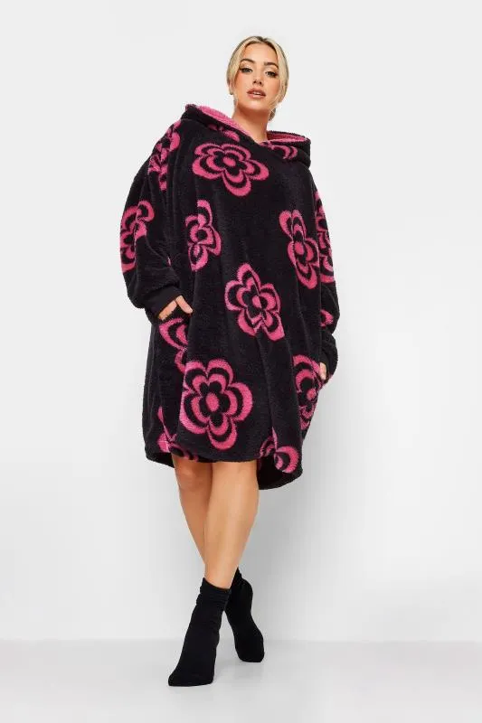 YOURS Curve Black & Pink Floral Snuggle Hoodie
