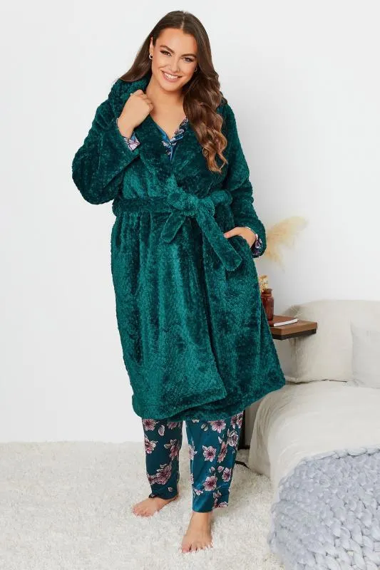 Curve Emerald Green Waffle Fleece Hooded Dressing Gown