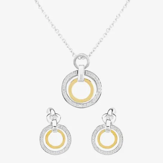 Two Tone Cubic Zirconia Double Open Circle Pendant and Earring Set SET12423