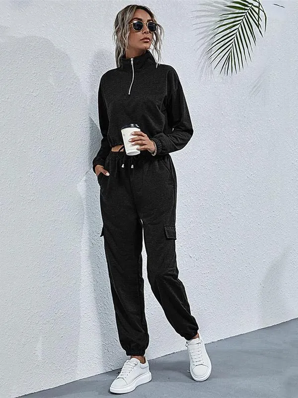 Pant Set Black Casual Daily Casual Zipper Polyester