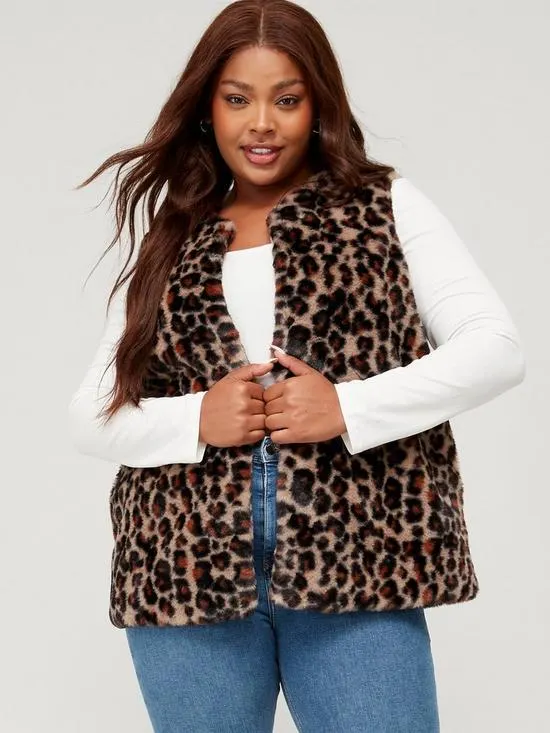 Faux Fur Animal Print Gilet - Brown