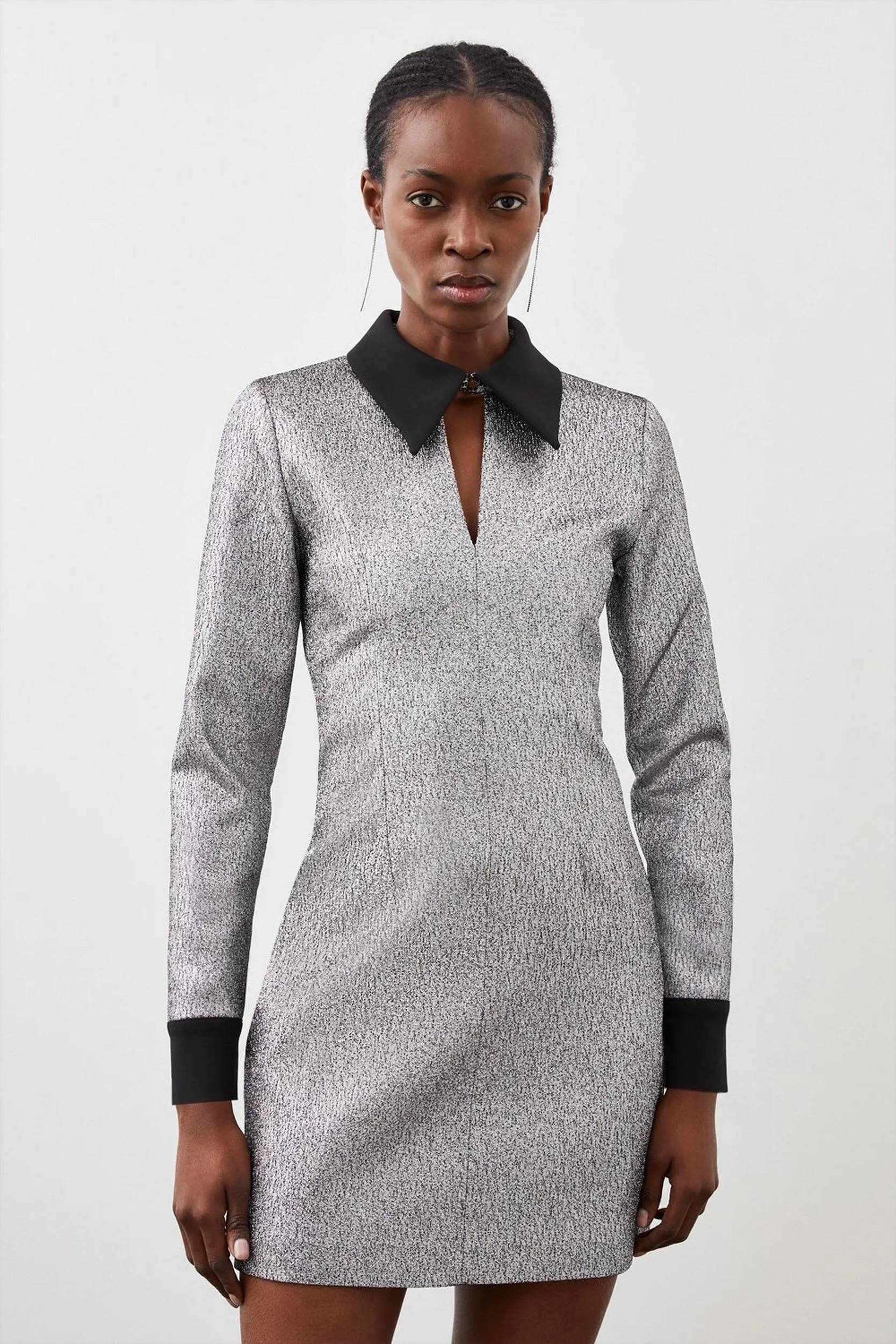 Tailored Metallic Contrast Cuff Detail Mini Dress