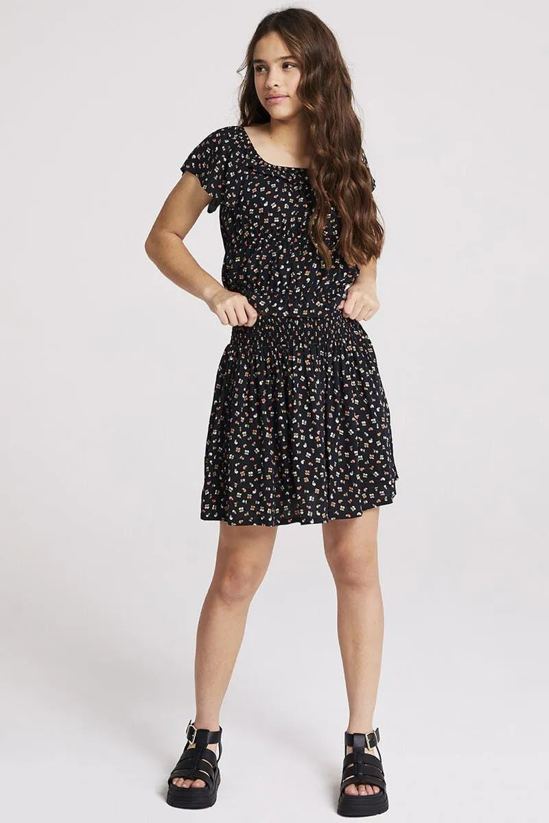 Older Girls Black Floral Shirred Waist Skirt