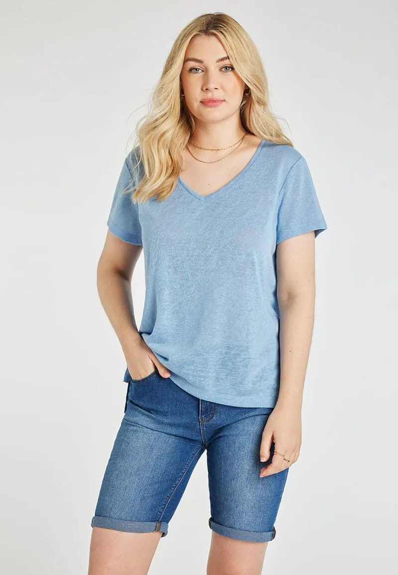 Womens Blue V-Neck Faux Linen T-Shirt