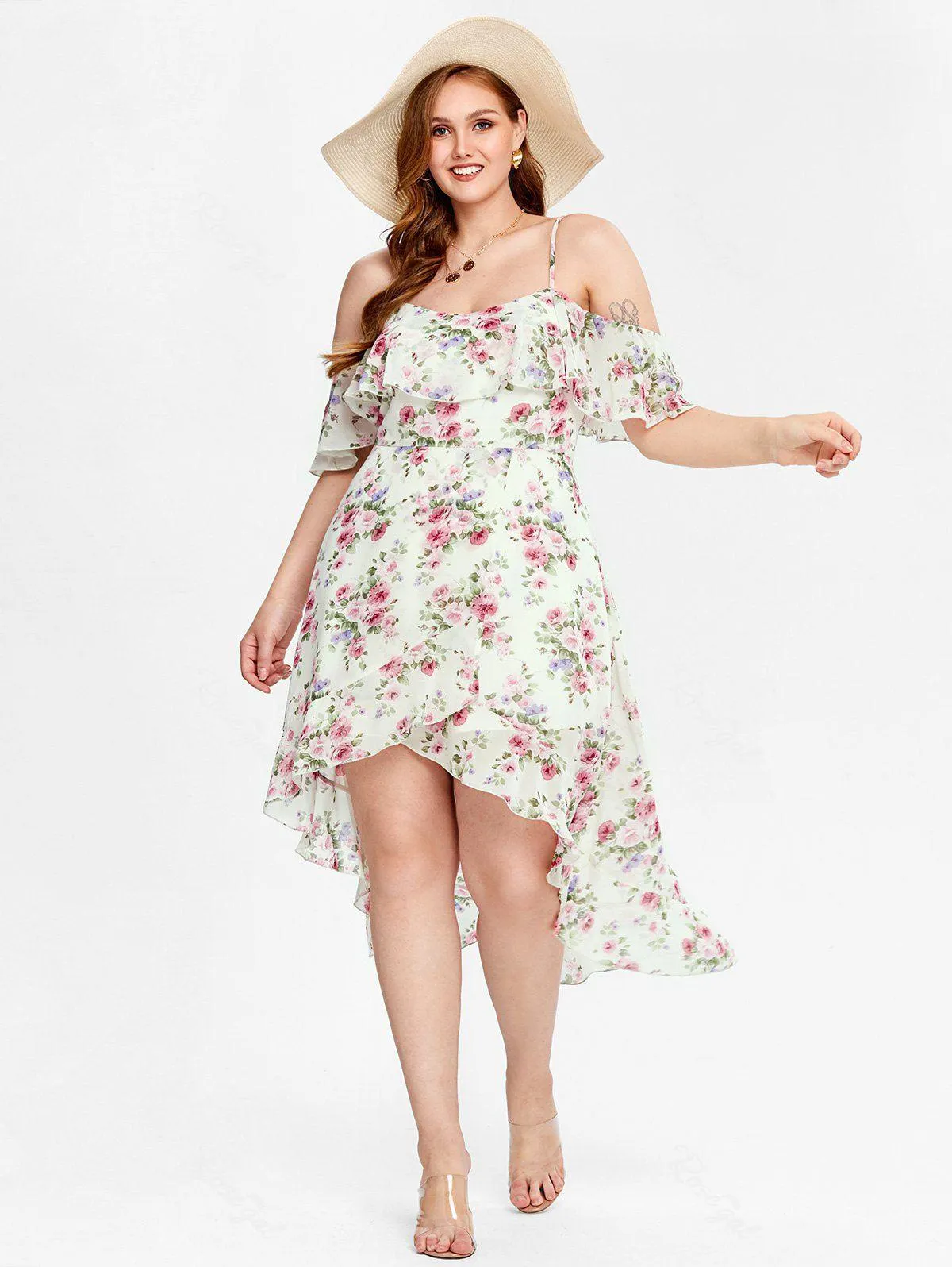 Plus Size Floral Print Cold Shoulder High Low Dress - L