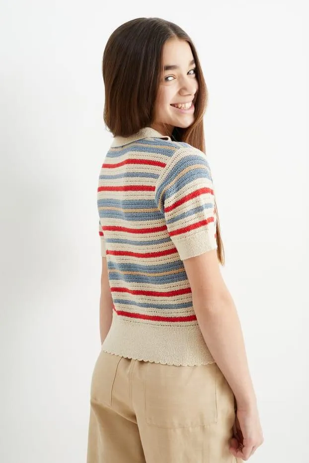 Knitted jumper - short sleeve - striped