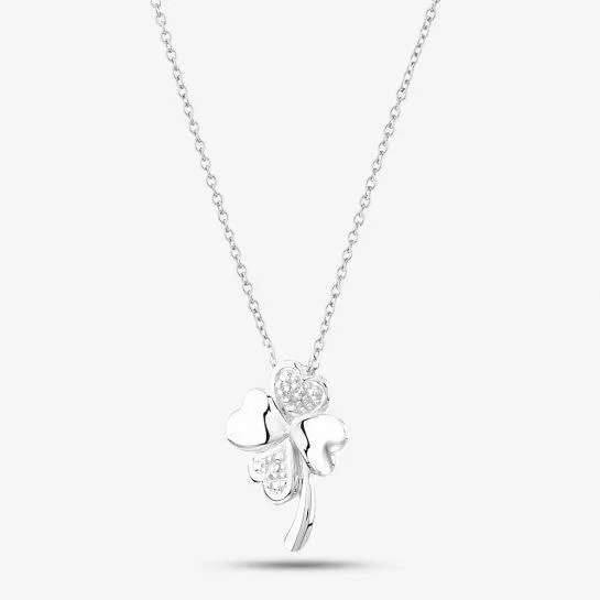 9ct White Gold 0.01ct Diamond Four Leaf Clover Necklace PP04737W