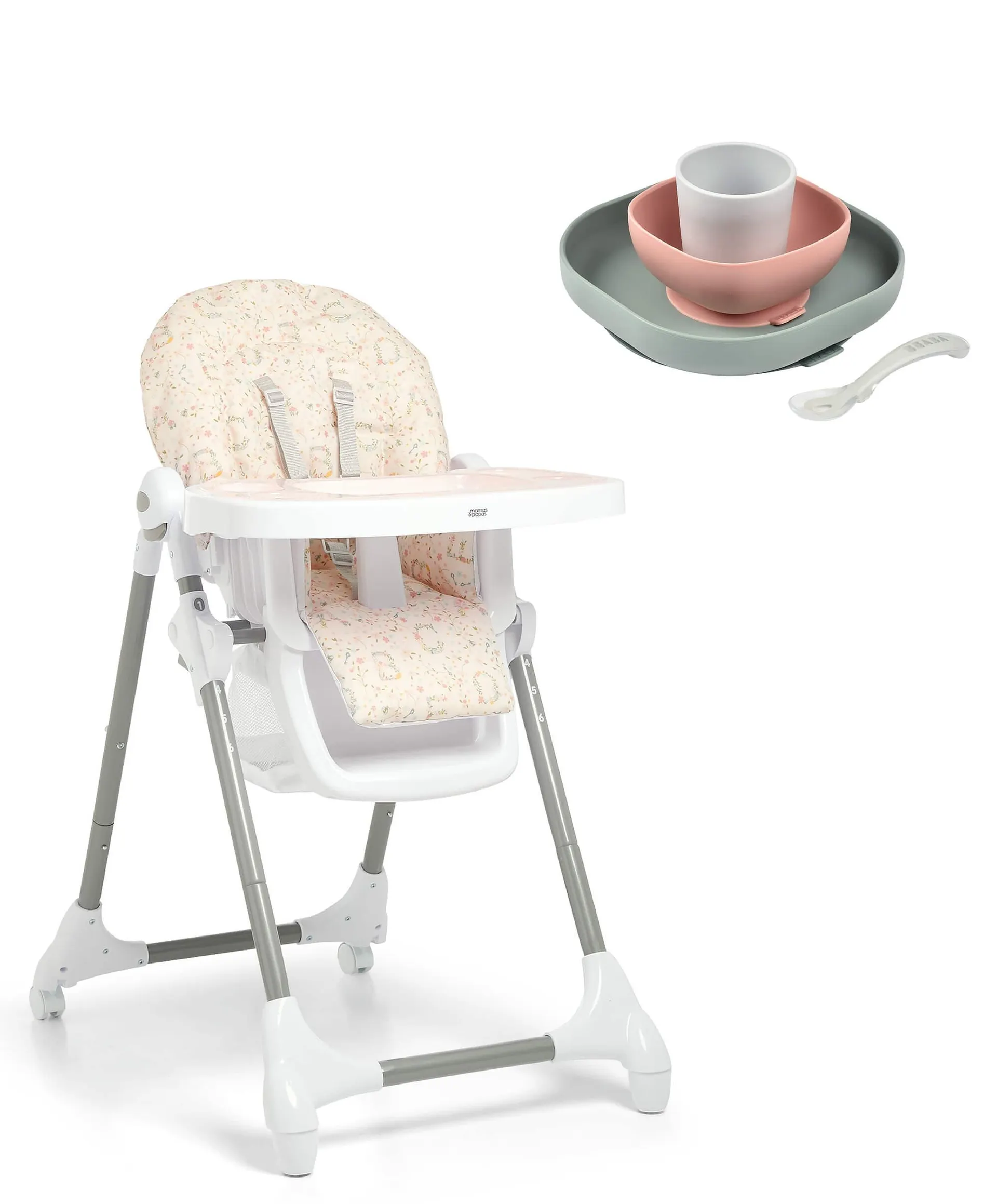 Snax Curious Alphabet Highchair & Beaba Meal Set - Pink/Eucalyptus