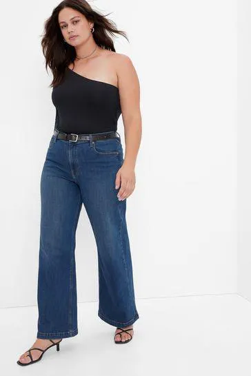 High Waisted Wide Leg Zip Fly Washwell Jeans
