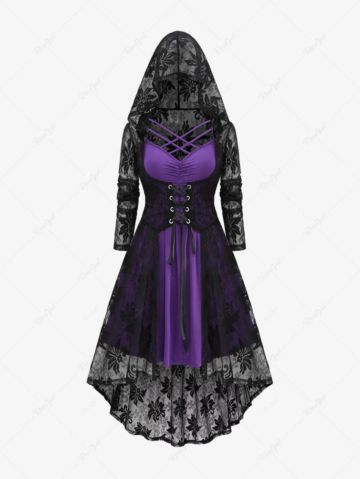 Plus Size Crisscross Ruched Cami Dress and Lace-up Floral Lace Hooded Cover Set - 5x | Us 30-32