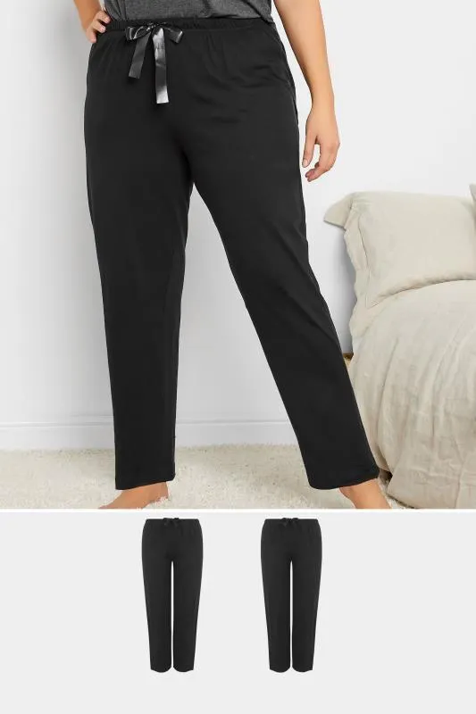 YOURS 2 PACK Curve Black Wide Leg Pyjama Bottoms