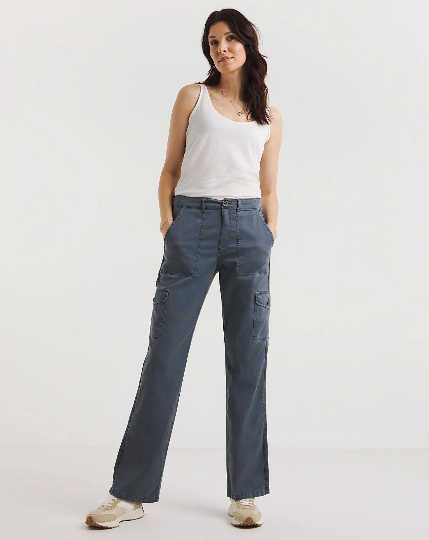 Petrol Blue Washed Stretch Cargo Detail Straight Leg Trousers