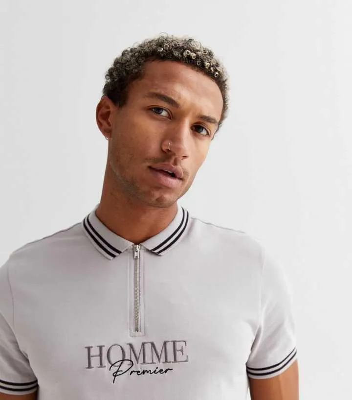 Pale Grey Jacquard Stripe Collar Logo Polo Shirt