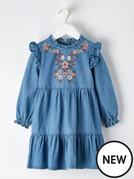 Lucy Mecklenburgh Girls Floral Embroidered Denim Dress - Multi