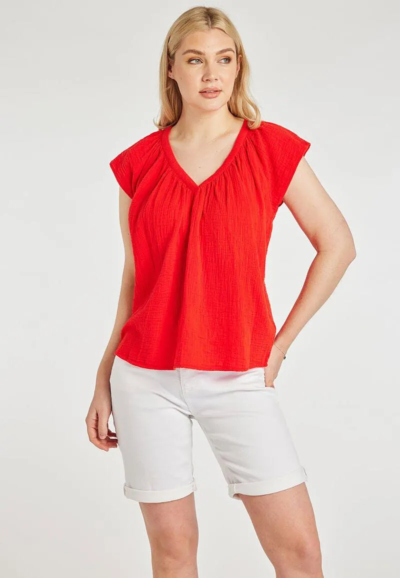 Womens Red Cotton Textured Top
