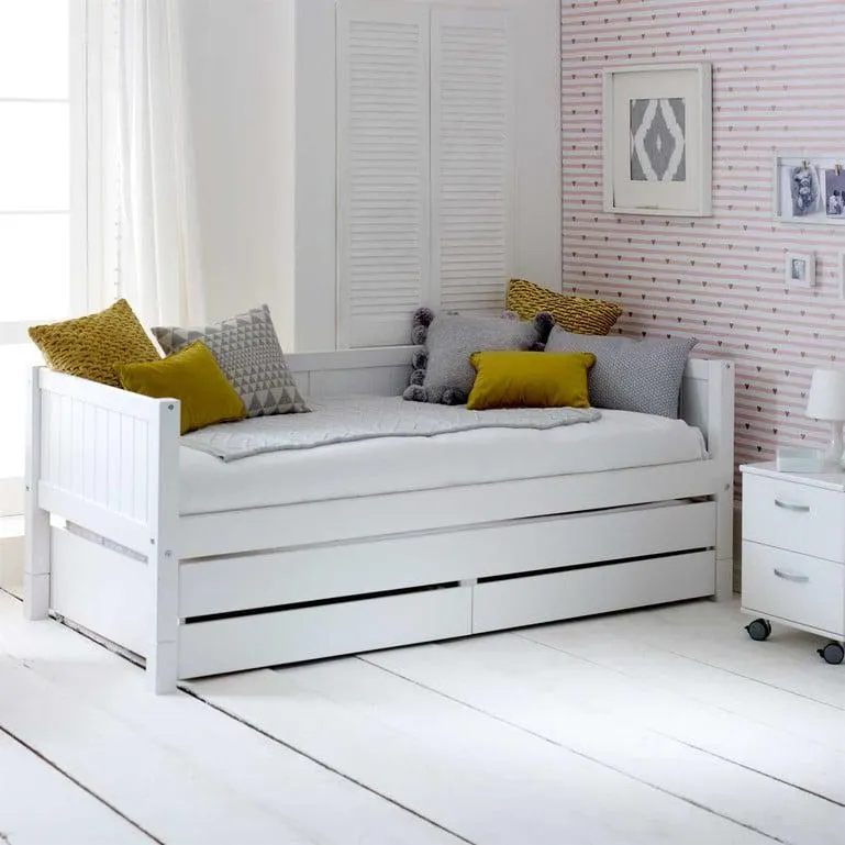 White Wood Children's Single Day Bed With Drawers and Trundle
