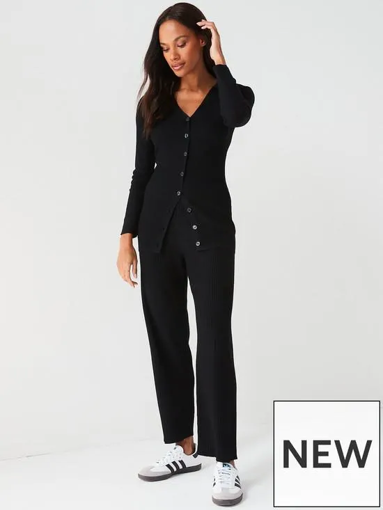 Wide Leg Knitted Trouser Coord - Black