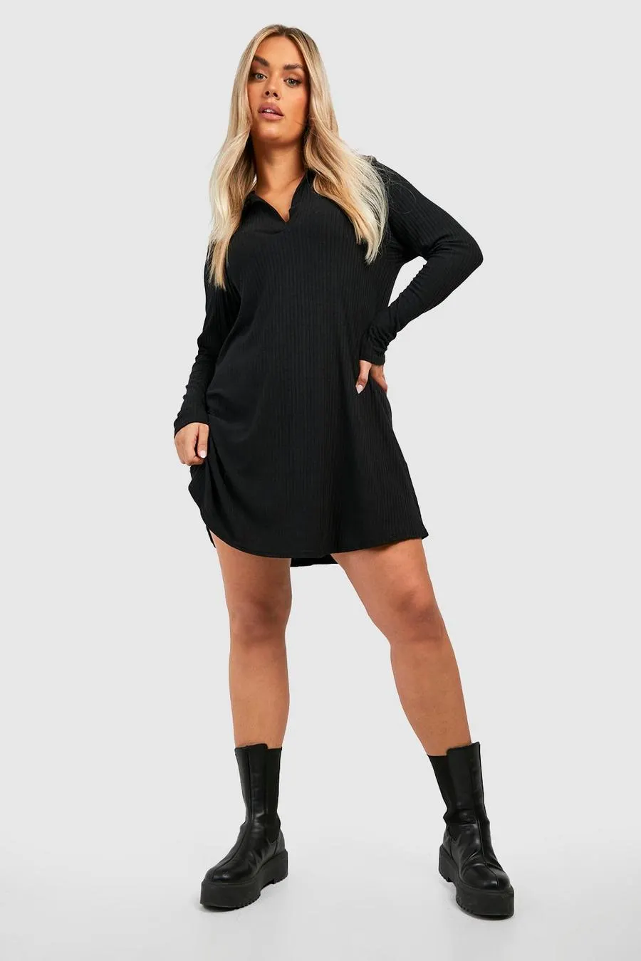 Plus Soft Rib Collar Swing Dress