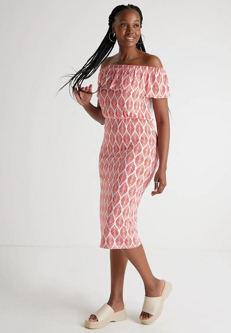 Womens Red & White Leaf Print Bardot Dress