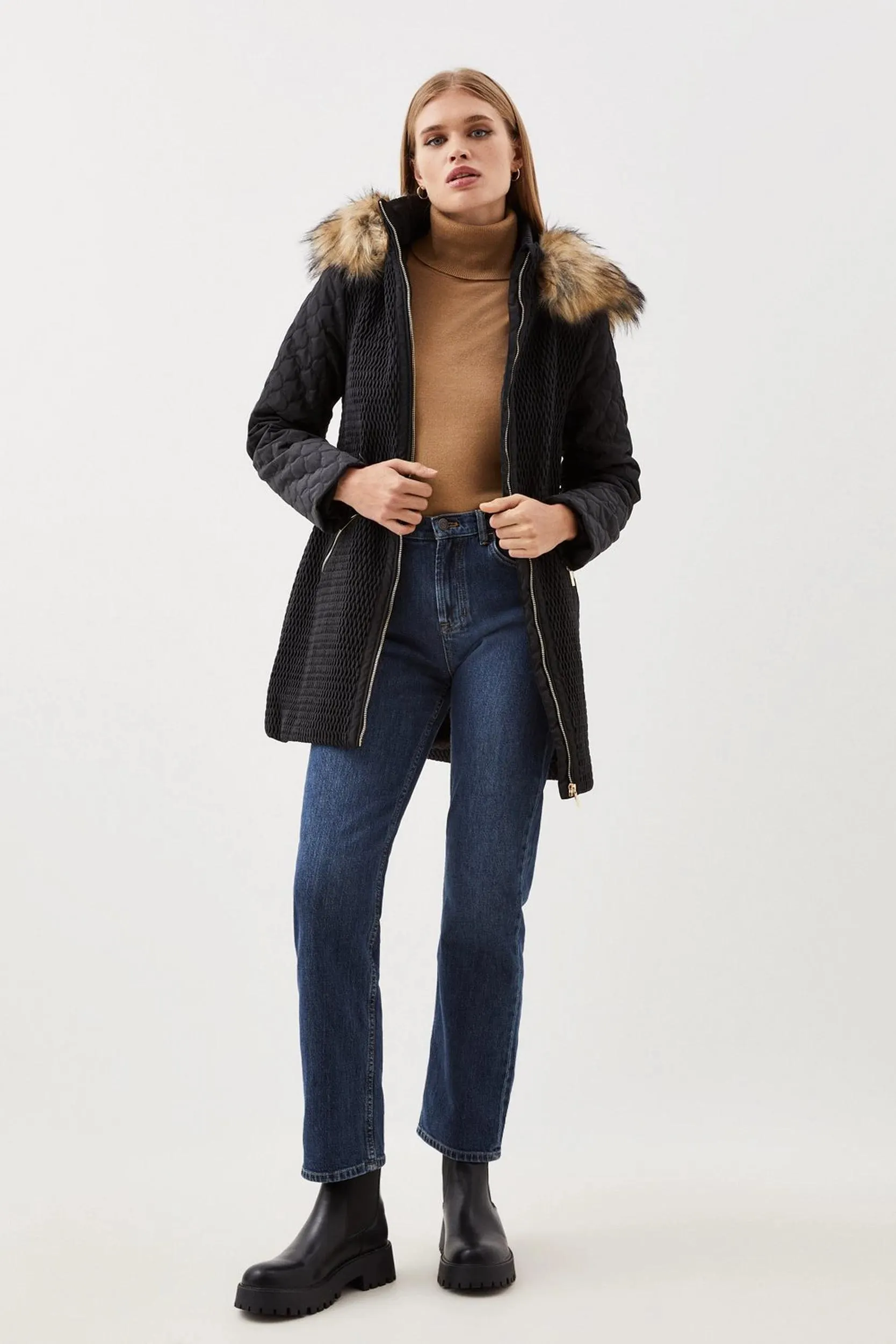 Signature Quilt Faux Fur Hood Mid Coat