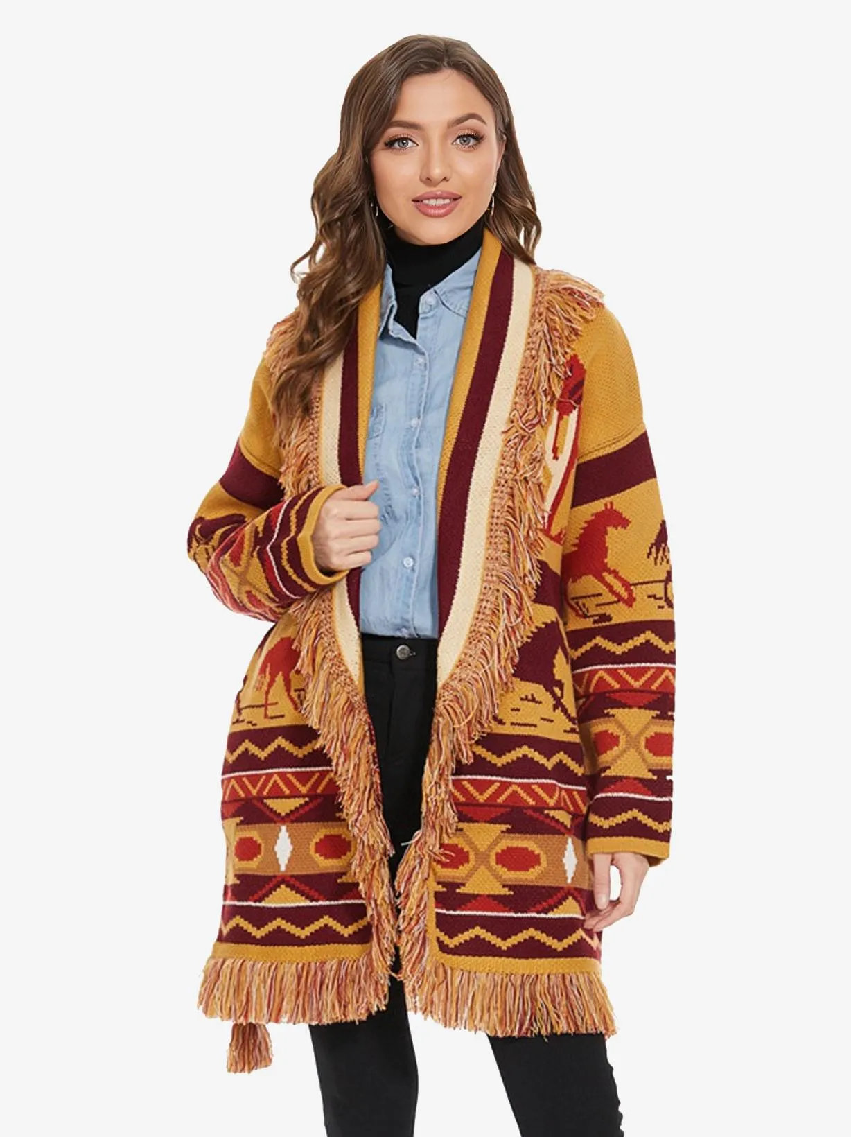 Jacquard Cardigans Tassel Trim Belted Animal Pattern Wool Blend Boho Sweater