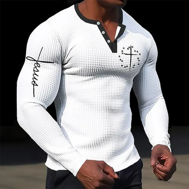 Graphic Cross Jesus Designer Simple Casual Men's 3D Print Henley Shirt Waffle T Shirt Sports Outdoor Holiday Festival T shirt Black White Brown Long Sleeve Henley Shirt Spring & Fall Clothing Apparel