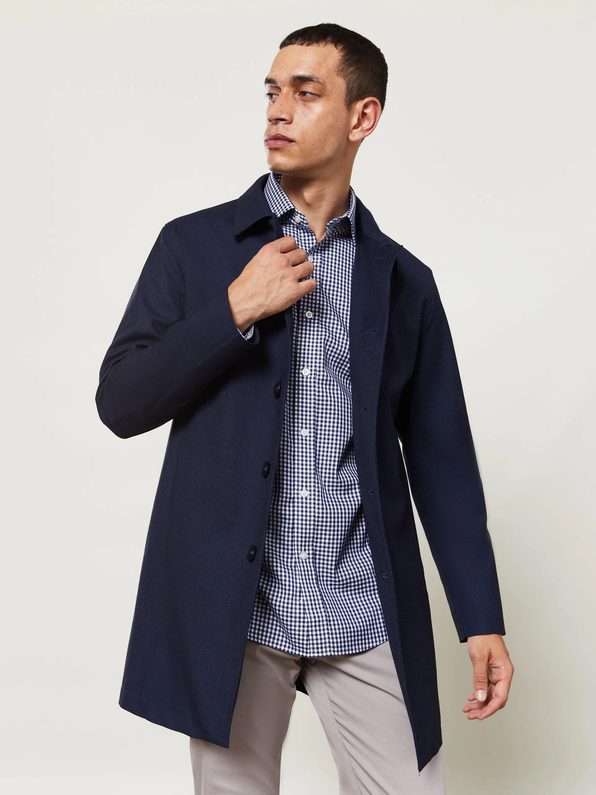 Winston Slim Fit Blue and Navy Micro Puppytooth Rain Mac
