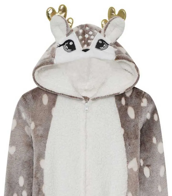 Loungeable Kids Light Brown Reindeer Fleece Onesie