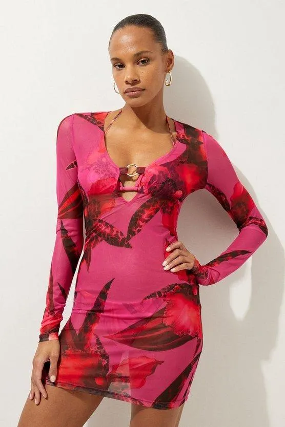 Abstract Floral Print Plunge Beach Mini Dress