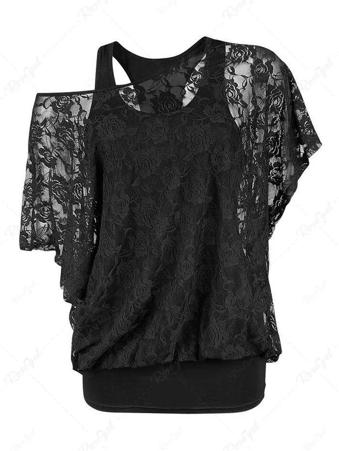 Plus Size Skew Neck Sheer Lace Blouse and Racerback Tank Top - 4x | Us 26-28