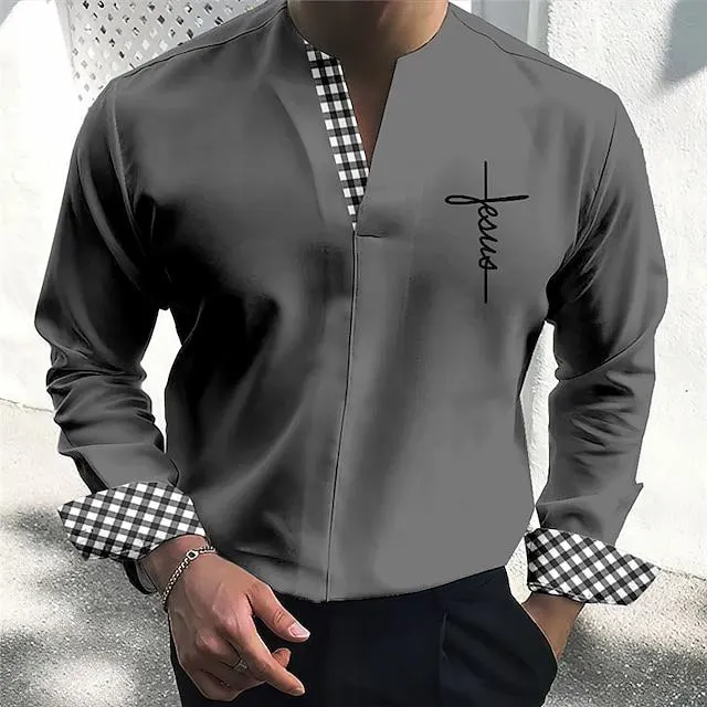 Men's Shirt Plaid / Check Graphic Prints Cross V Neck Blue Green Khaki Light Blue Gray Outdoor Street Long Sleeve Print Clothing Apparel Fashion Streetwear Designer Casual