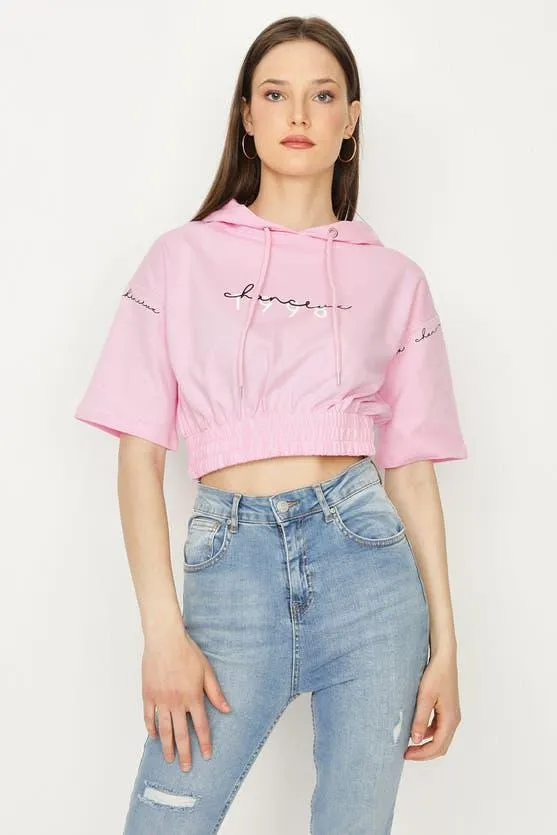 Gen Z Pink Chanceaux Short Sleeve Shirred Hem Hoodie