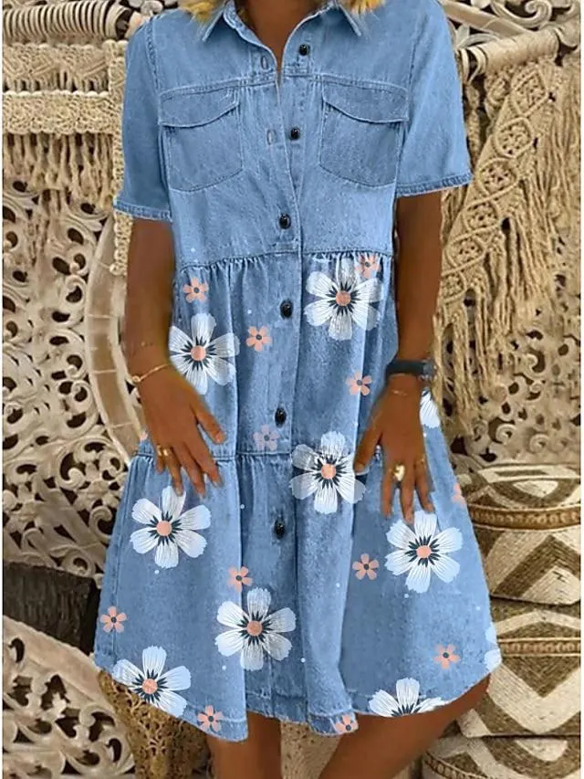 Women's Denim Shirt Dress Knee Length Dress Blue Short Sleeve Floral Pocket Button Spring Summer Shirt Collar Chic & Modern Casual 2023 M L XL XXL 3XL
