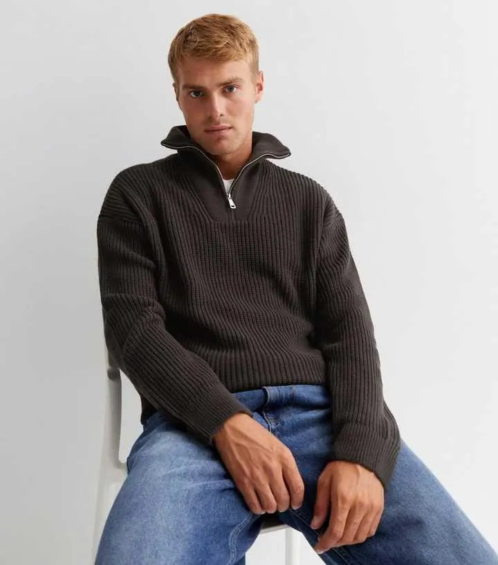 Dark Grey Relaxed Fit Zip Neck Fisherman Jumper