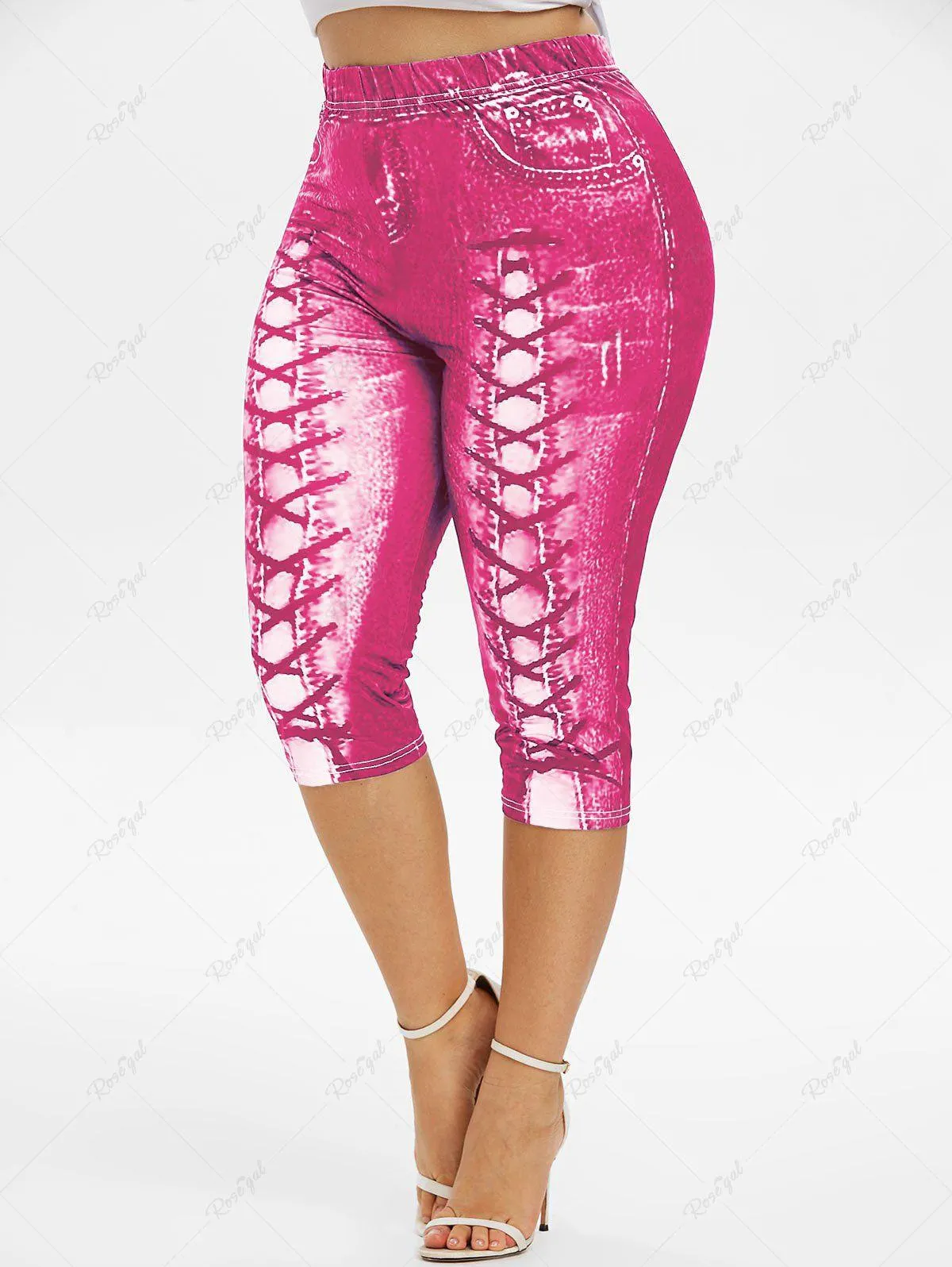 Plus Size High Waist 3D Lace Up Jean Print Capri Leggings - 2x | Us 18-20