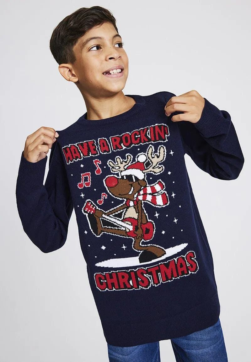 Older Boys Navy Rockin' Reindeer Light Up Christmas Jumper