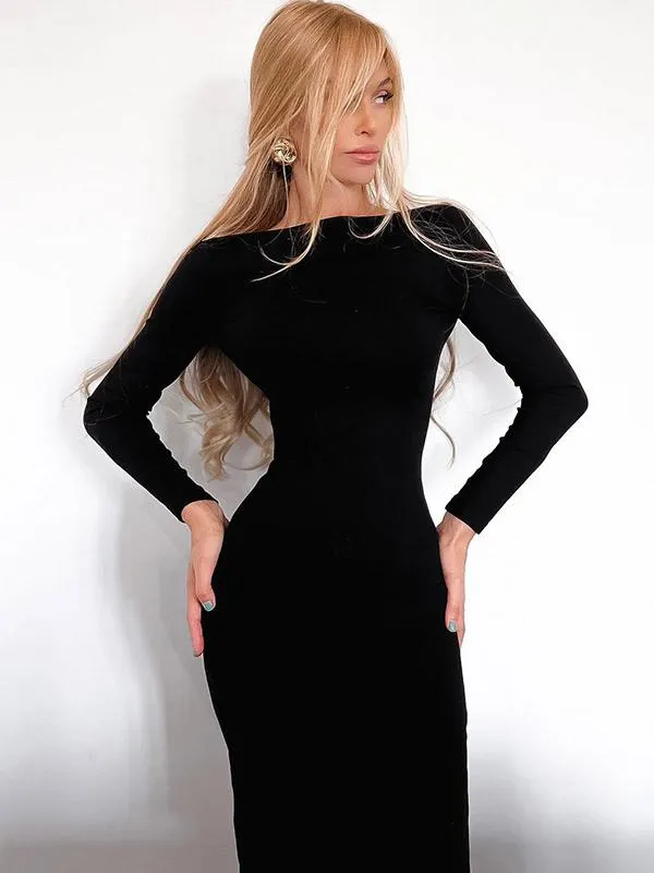 Bodycon Dresses Black Jewel Neck Zipper Backless Sexy Long Sleeves Pencil Dress