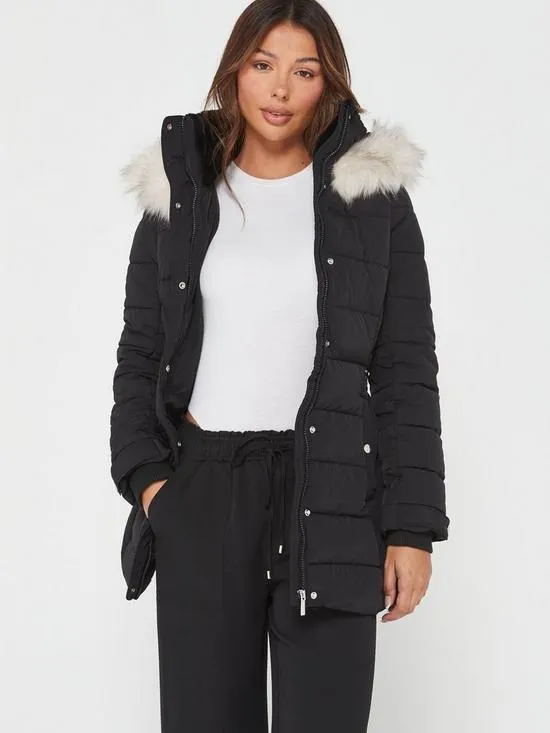 Short Padded Coat With Waist Adjusters - Black