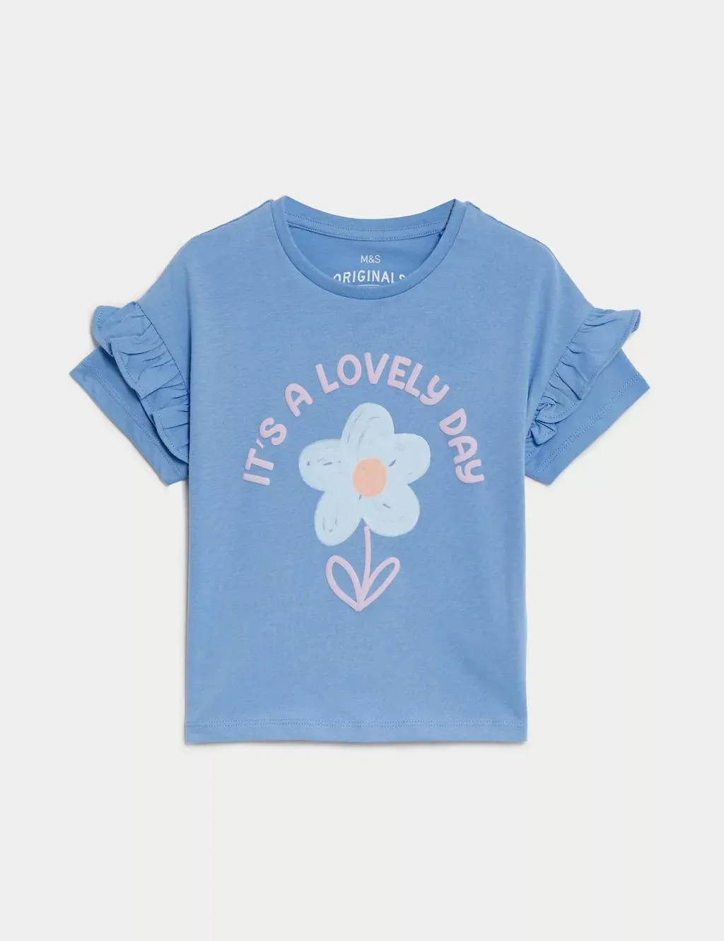 Pure Cotton Graphic Frill Sleeve T-Shirt (2-8 Yrs)