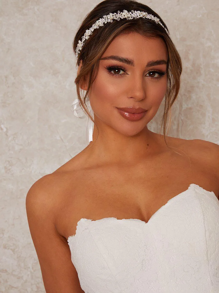 Pearl & Diamante Floral Beaded Hair Piece in Silver