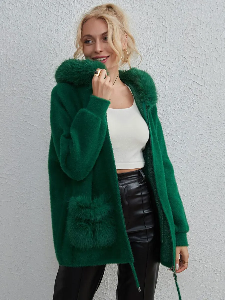 Faux Fur Jacket Hooded Zipper Long Sleeves Oversized Fall Outerwear