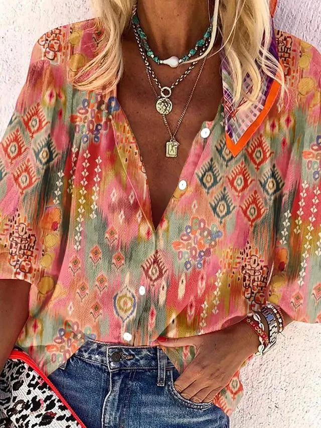 Women's Shirt Blouse Graphic Casual Pink Blue Green Print Button Long Sleeve Basic Standing Collar Regular Fit Spring Fall