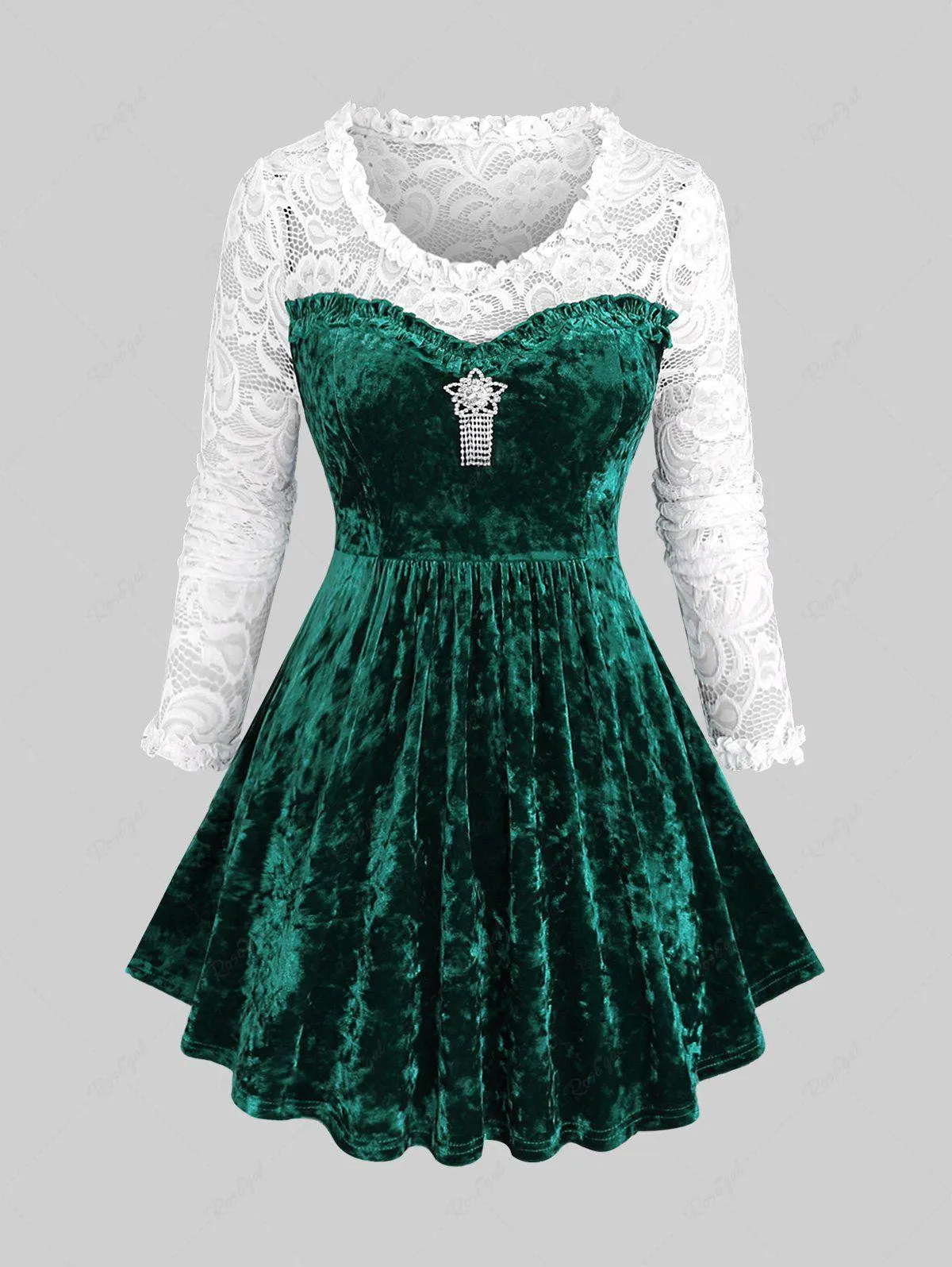 Plus Size Floral Lace Velvet Patchwork Pentagram Tassel Buckle Ruffle T-shirt - L | Us 12